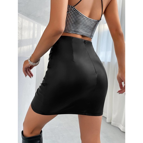 Ruched Wrap Hem vegan leather Skirt hot pink - Picture 3 of 9